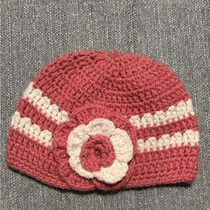 Pink and Cream Crochet Beanie with Flower